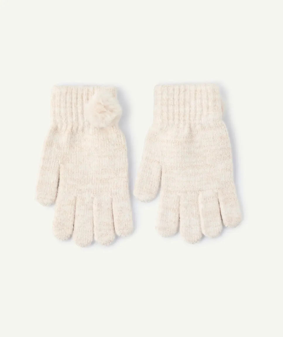 Gants fille maille écru pompon fantaisie