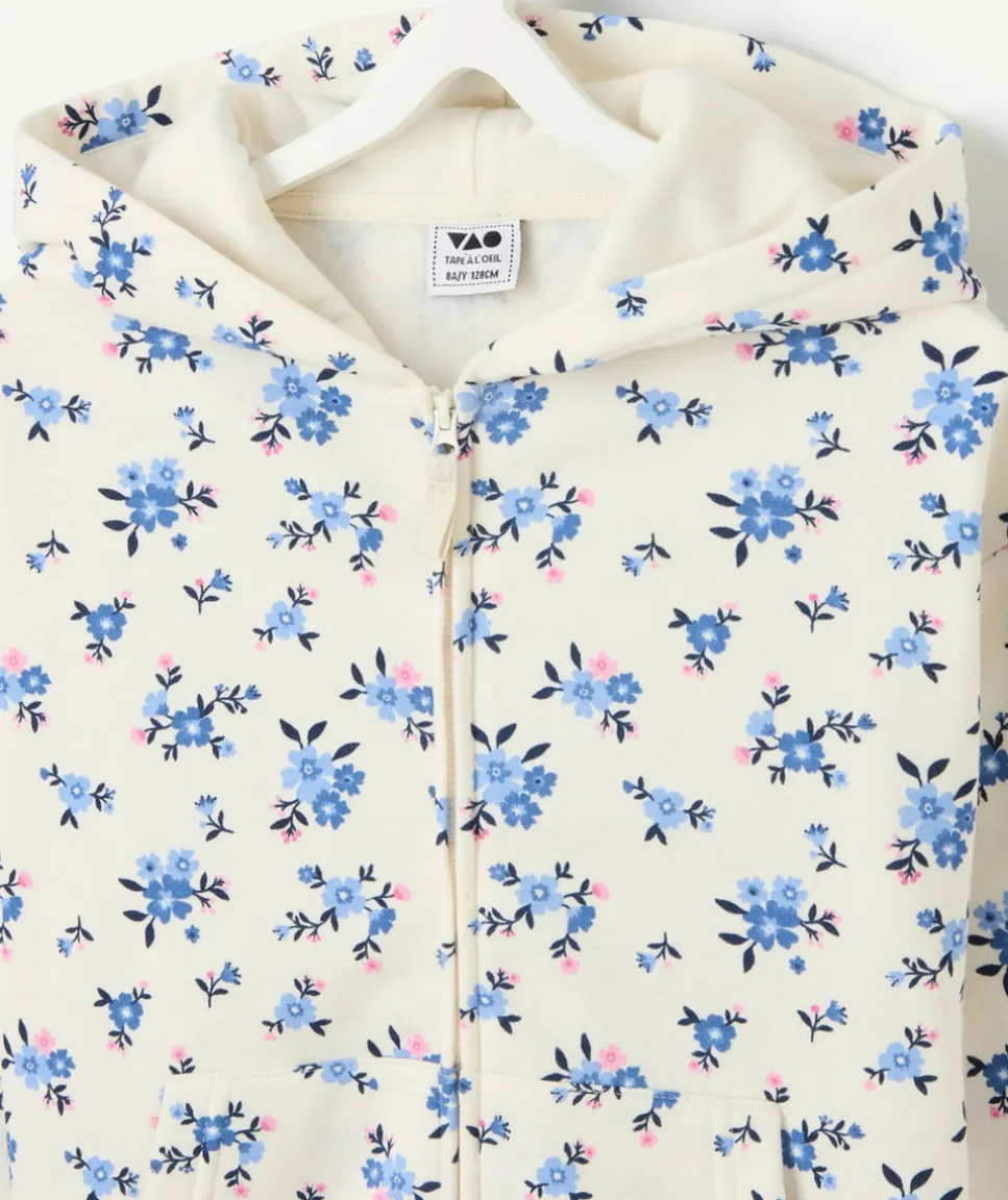 Gilet à capuche fille fleurs zippé crème