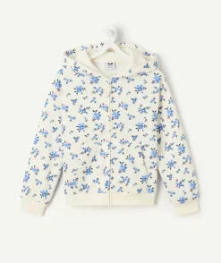 Gilet à capuche fille fleurs zippé crème