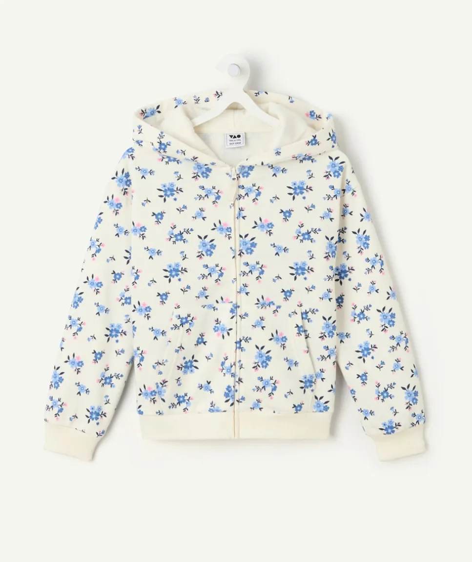 Gilet à capuche fille fleurs zippé crème