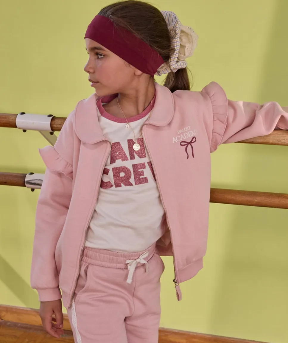 Gilet fille rose zippée col volanté