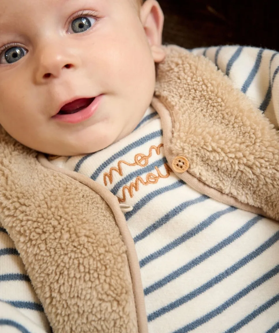 Gilet sans manches naissance garçon en sherpa beige