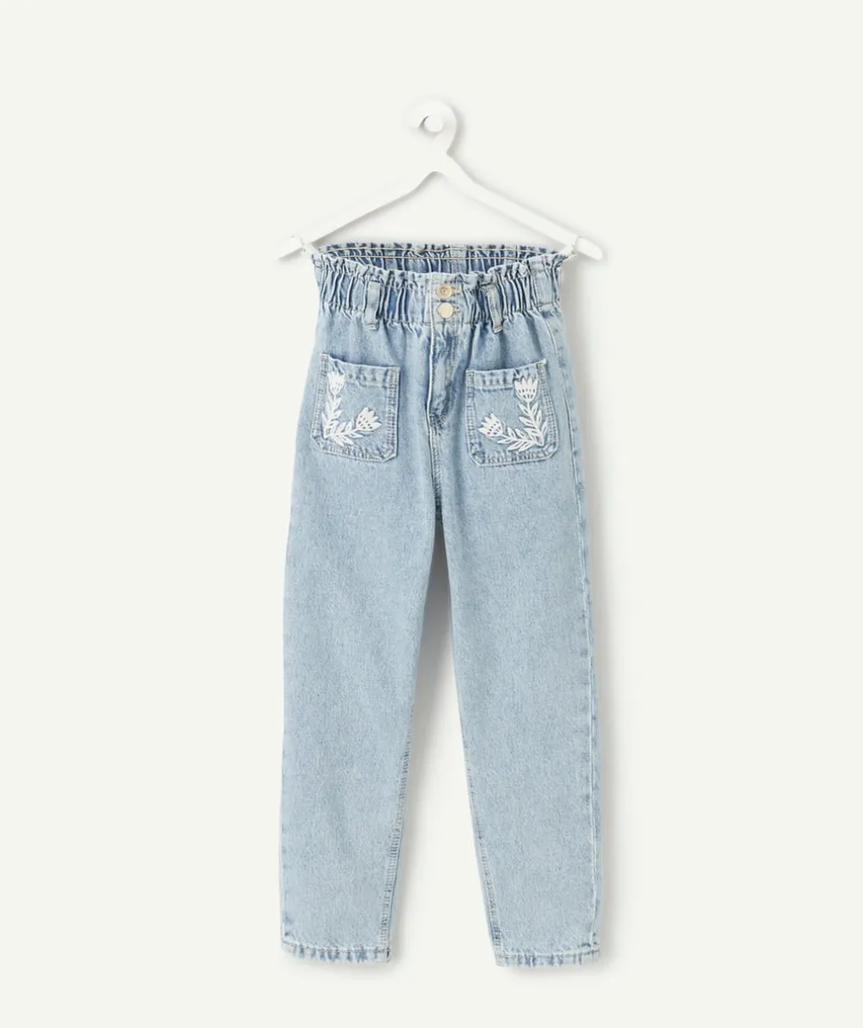 Jean fille droit bleu broderies
