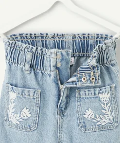Jean fille droit bleu broderies