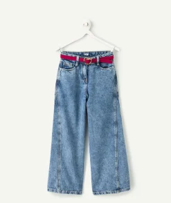 Jean fille large denim avec ceinture rose coeur