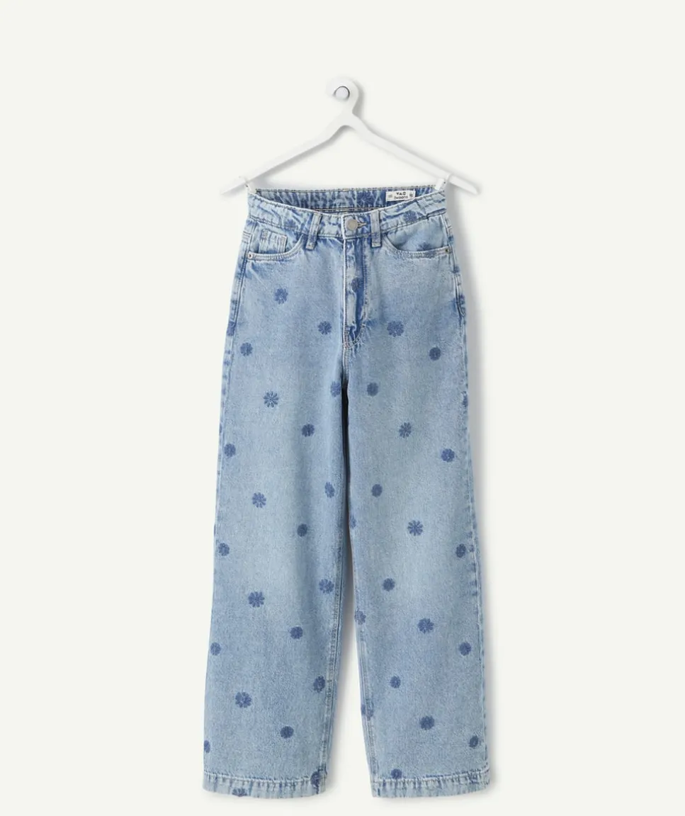 Jean fille wide leg broderie fleurs bleues