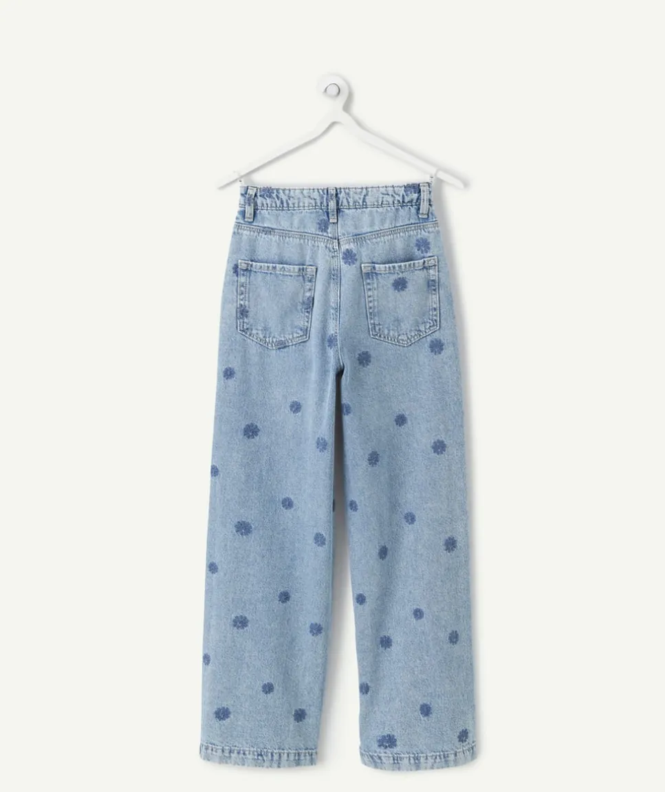 Jean fille wide leg broderie fleurs bleues