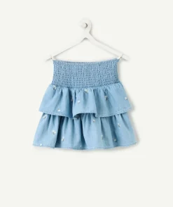 Jupe fille denim bleu volantée smockée