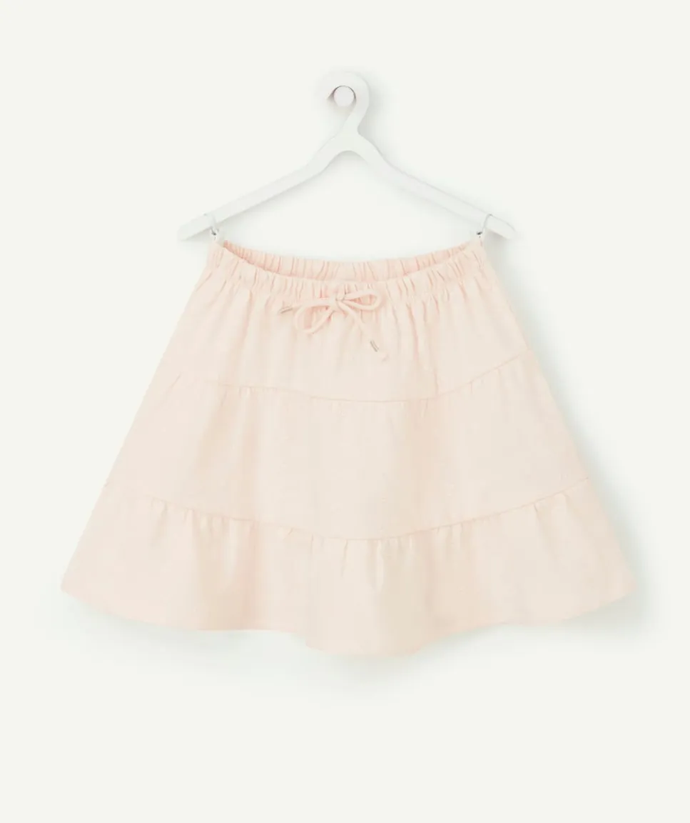 Jupe fille en coton rose pâle avec broderies et volants