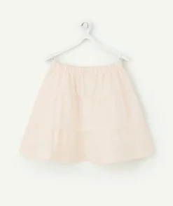 Jupe fille en coton rose pâle avec broderies et volants