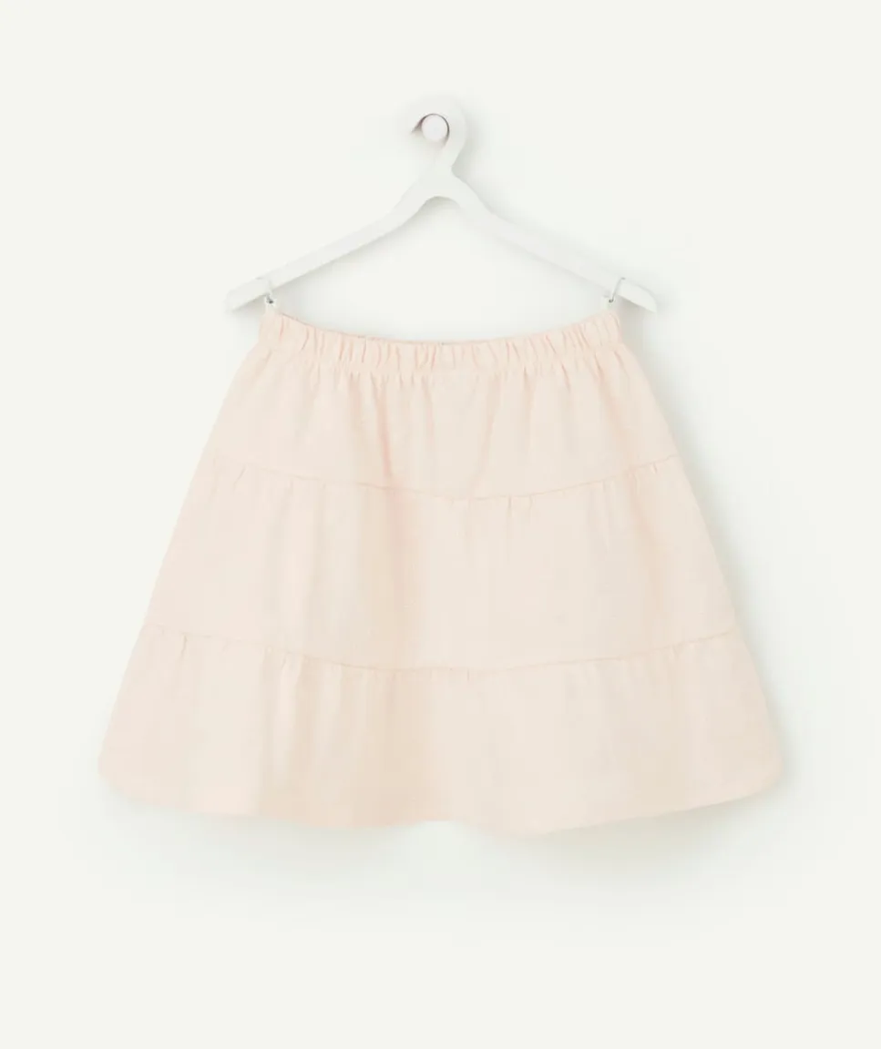 Jupe fille en coton rose pâle avec broderies et volants