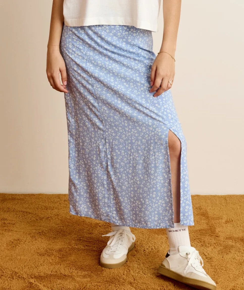 Jupe longue fille droite bleue fleuri
