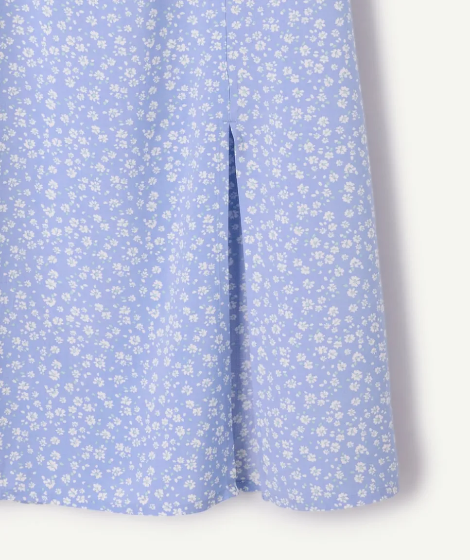 Jupe longue fille droite bleue fleuri
