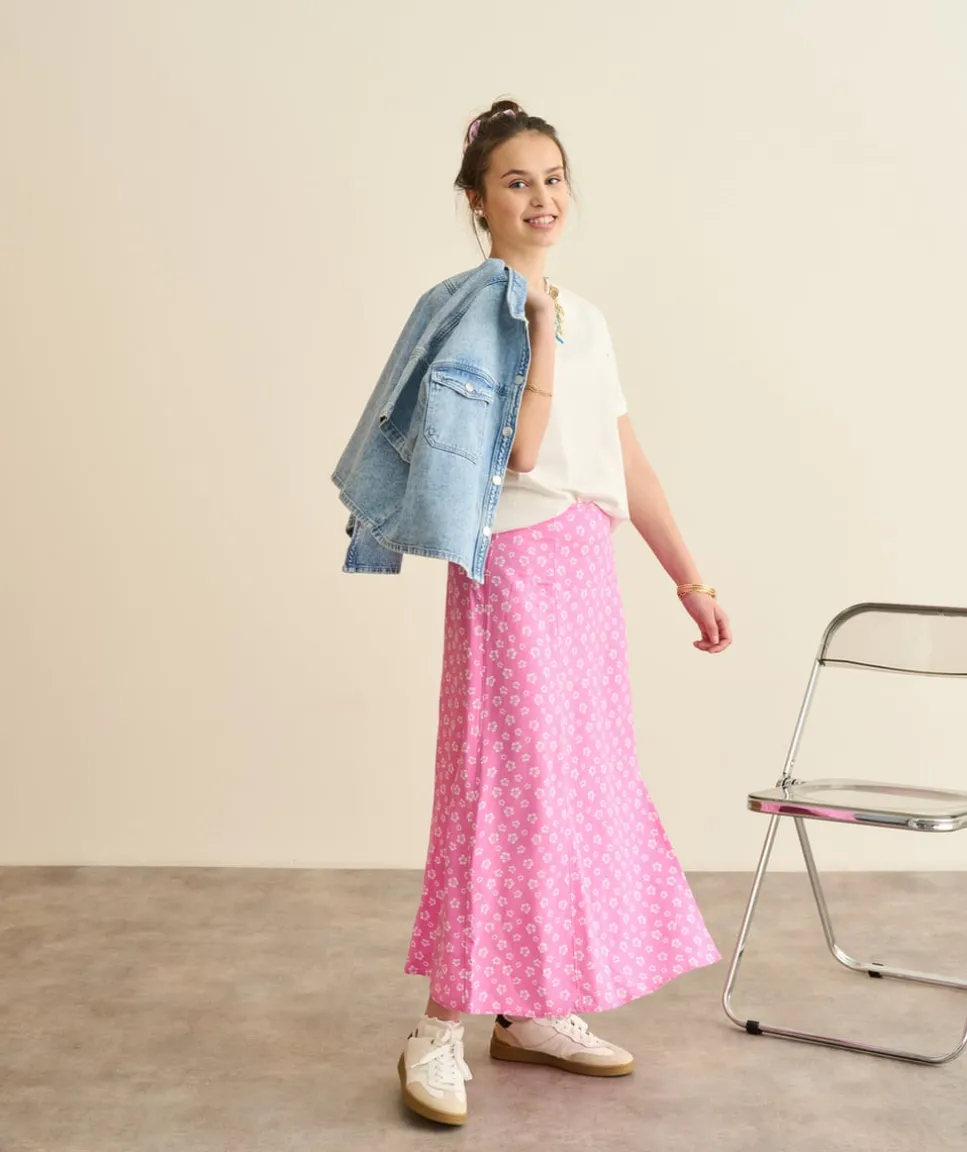 Jupe longue fille droite rose imprimé