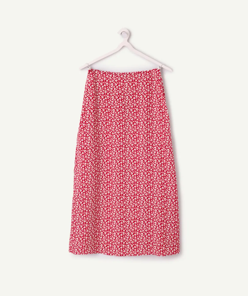 Jupe longue fille droite rouge fleuri