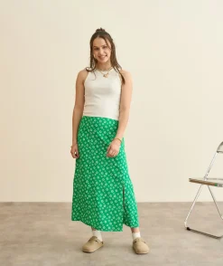 Jupe longue fille droite verte imprimé