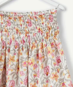 Jupe longue fille en coton écru et imprimé floral jaune et rose