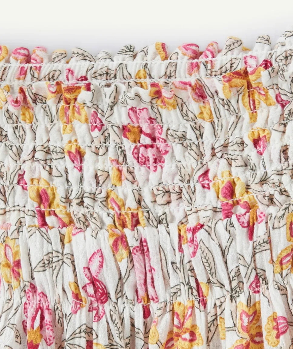 Jupe longue fille en coton écru et imprimé floral jaune et rose