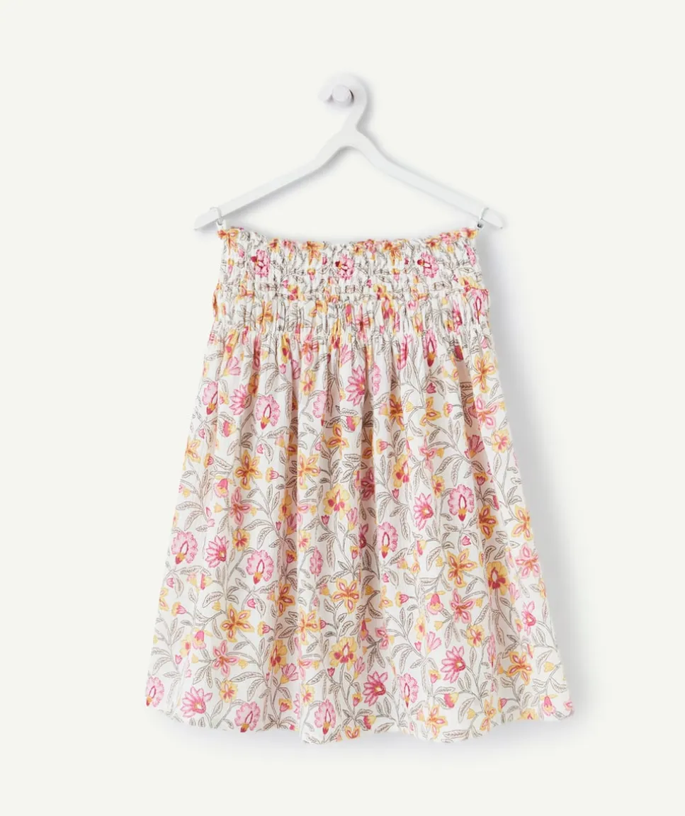 Jupe longue fille en coton écru et imprimé floral jaune et rose