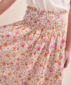 Jupe longue fille en coton écru et imprimé floral jaune et rose