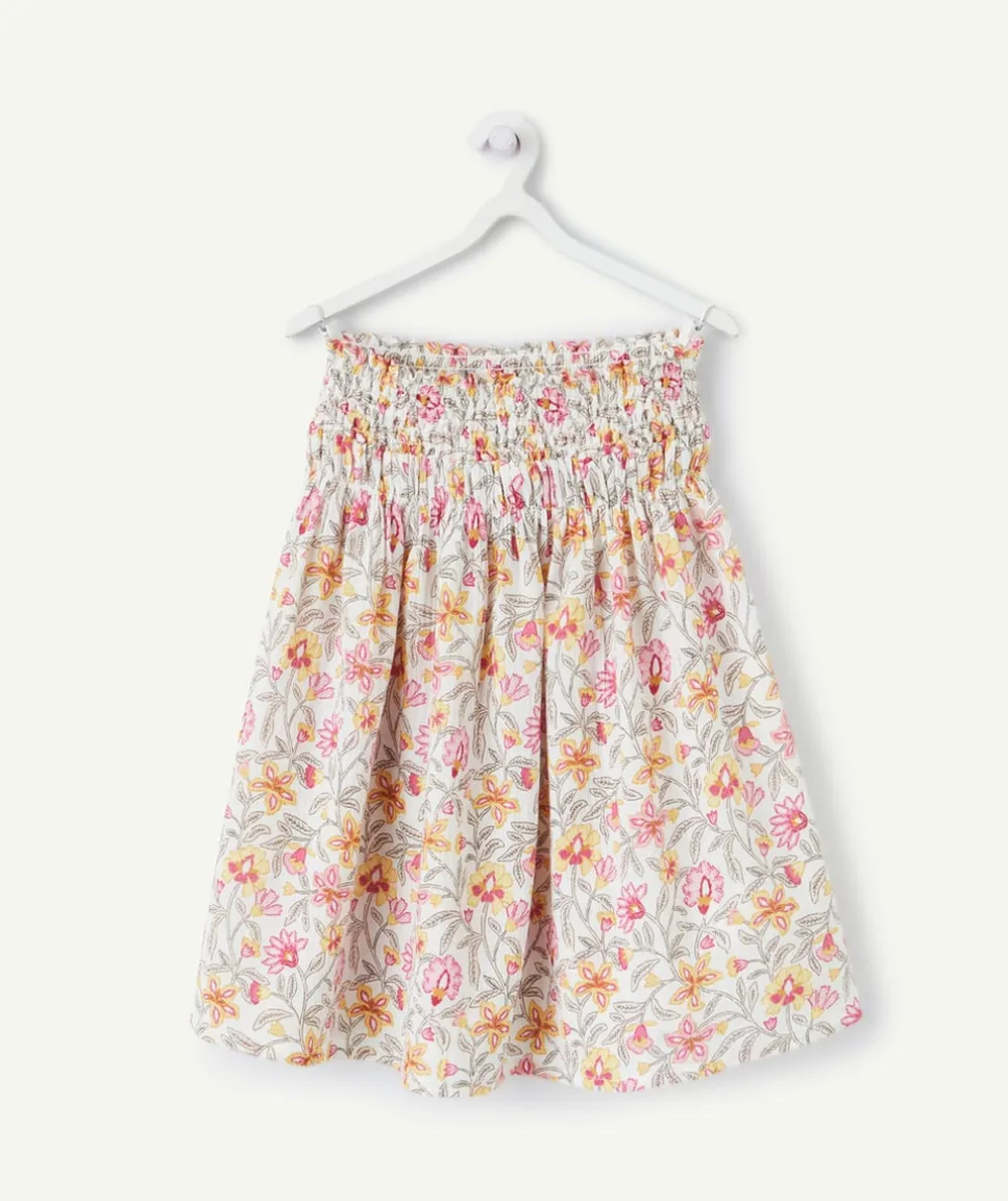 Jupe longue fille en coton écru et imprimé floral jaune et rose