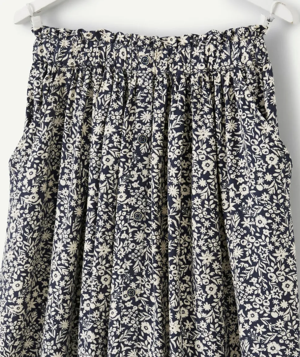 Jupe longue fille en viscose reponsable imprimée fleurie écru et bleu marine