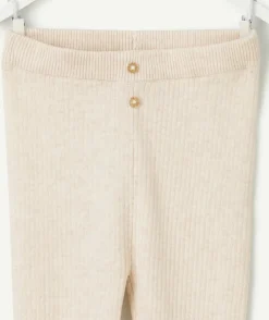 Legging bébé fille en coton bio écru côtelé avec boutons