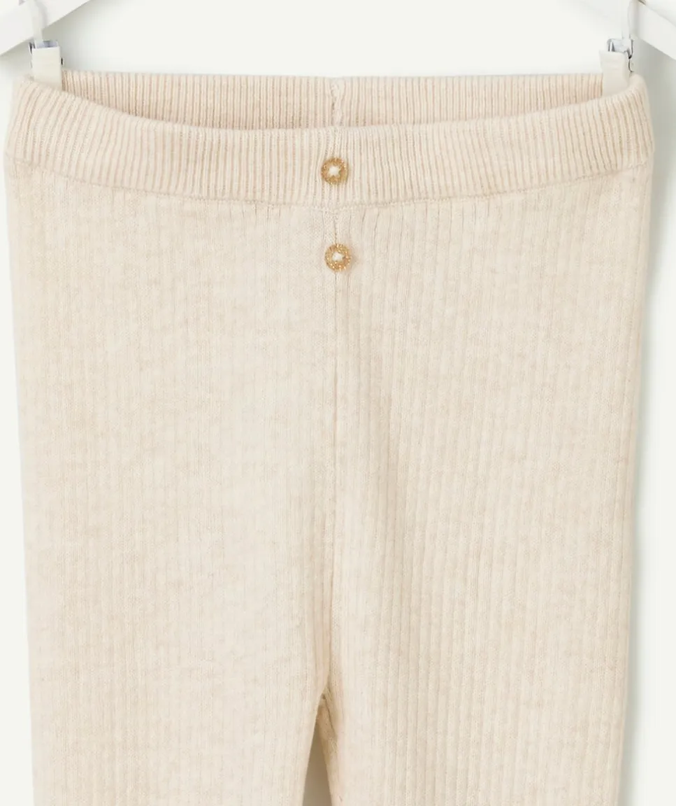 Legging bébé fille en coton bio écru côtelé avec boutons
