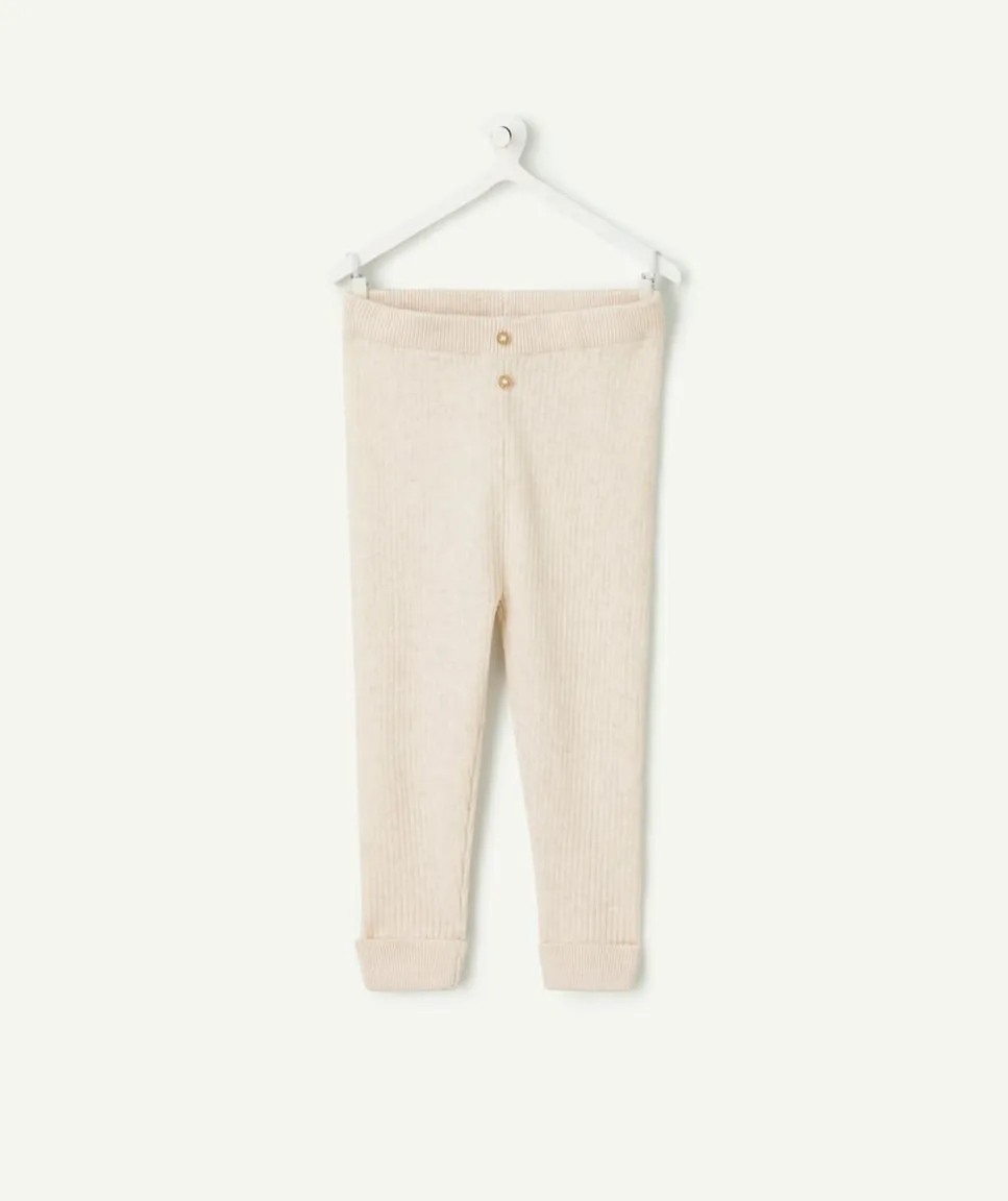 Legging bébé fille en coton bio écru côtelé avec boutons