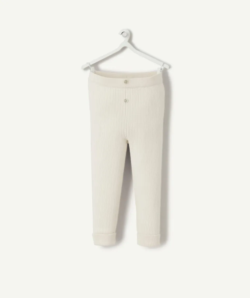 Legging bébé fille en coton bio écru côtelé avec boutons