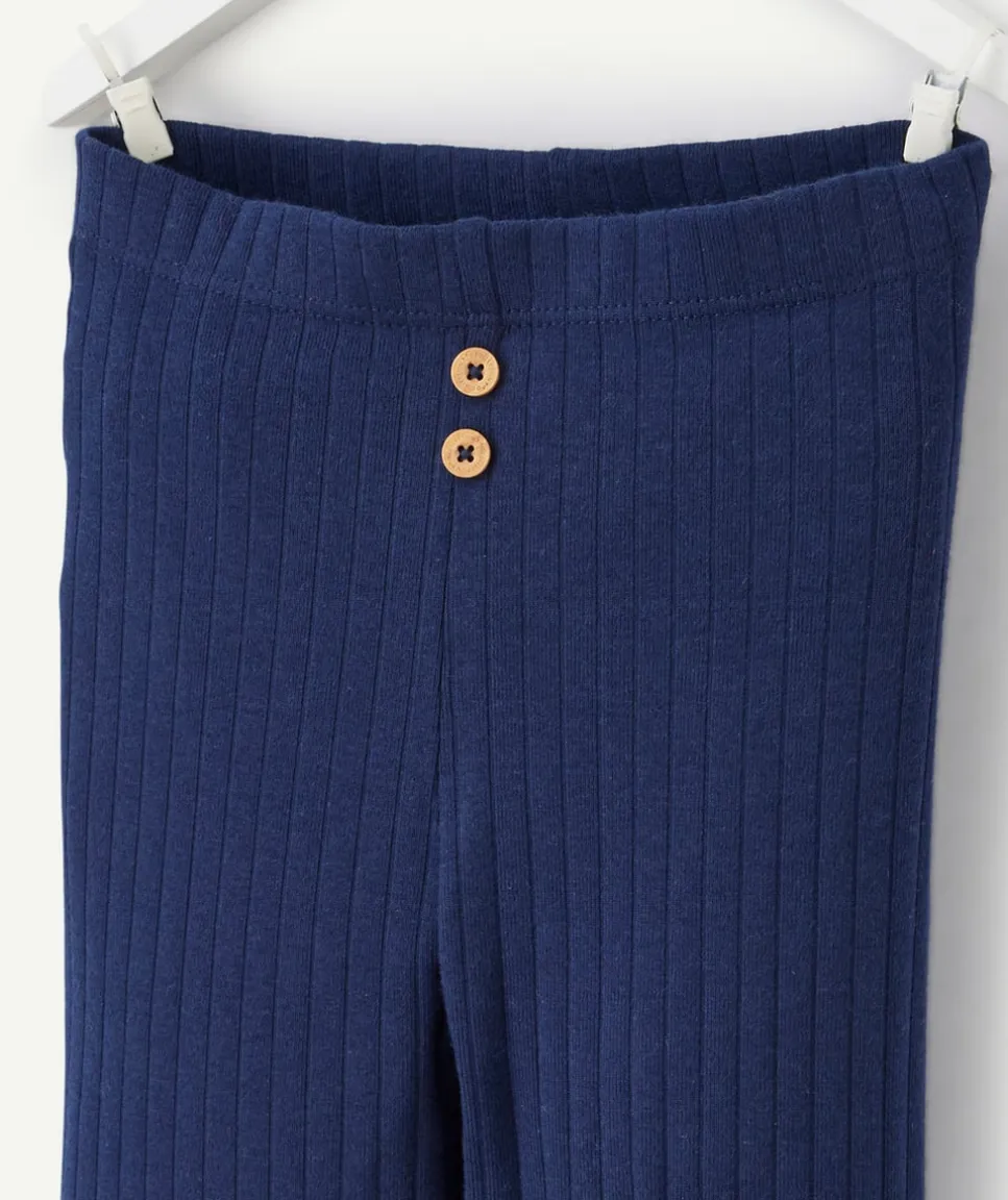 Legging bébé garçon en coton bio bleu côtelé