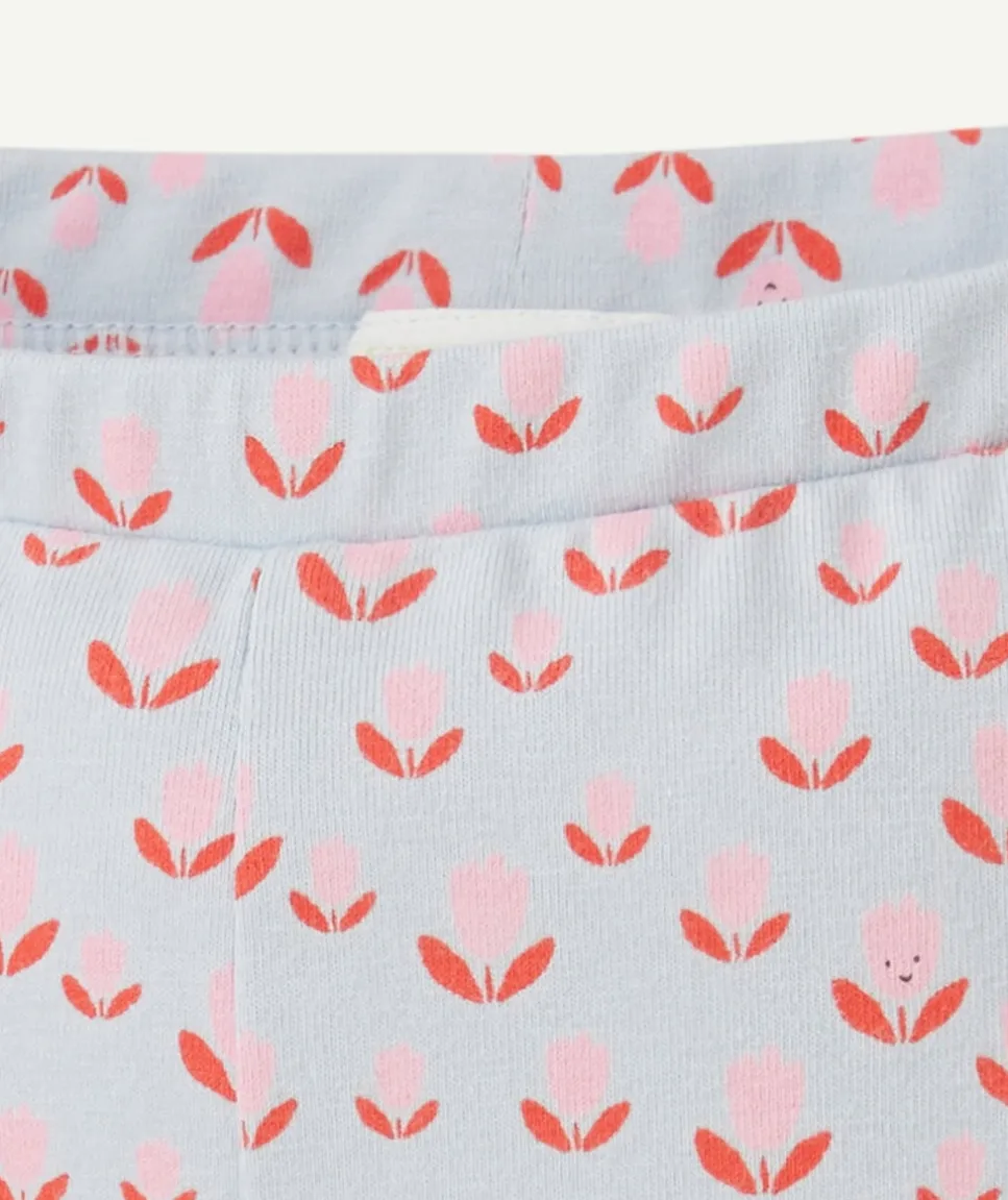 Legging court bébé fille en coton bio bleu imprimé fleurs
