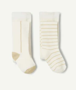 Les 2 collants écrus bébé fille avec détails couleur dorée