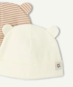Lot 2 bonnets bébé garçon écru et marron ourson