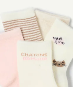 Lot chaussettes bébé fille écru et rose chatons