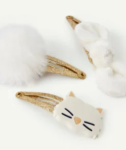 Lot de 3 barrettes bébé fille pailletées avec pompon noeud et chat