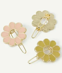 Lot de 3 barrettes fille avec fleurs couleur dorée rose et vert