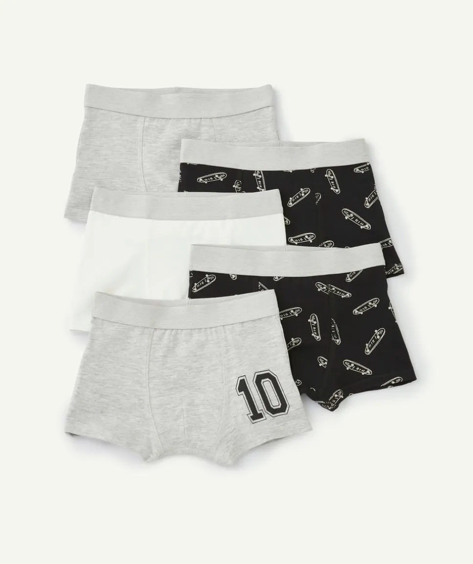 Lot de 5 boxers garçon en coton bio gris noir et blanc