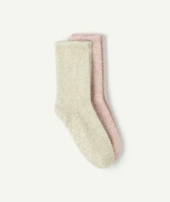 Lot de chaussettes peluche beige et rose fille