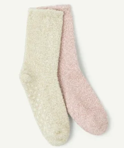 Lot de chaussettes peluche beige et rose fille