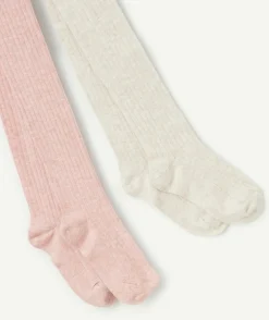 Lot de 2 collants côtelés fille rose et écru