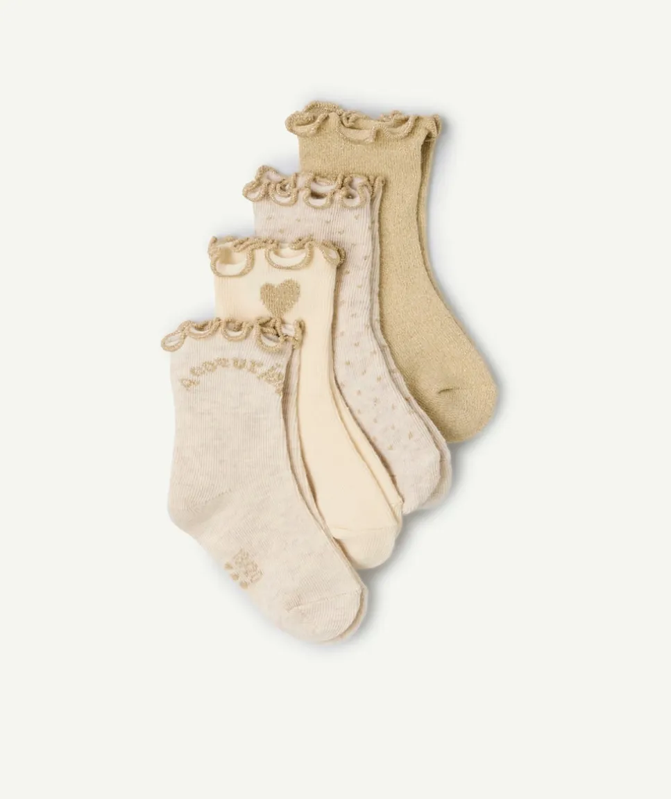 Lot de 4 paires de chaussettes bébé fille beige et écru avec festons couleur dorés