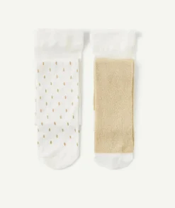 Lot de 2 paires de collants bébé fille blanc et couleur dorée avec détails pailletés