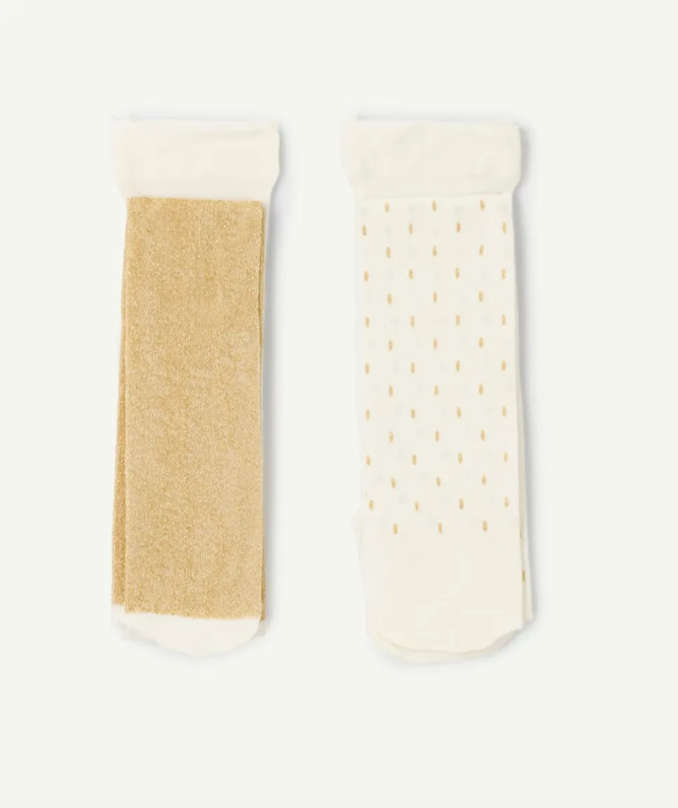Lot de 2 paires de collants fille blanc et couleur dorée avec détails pailletés