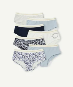 Lot de 7 shorties fille en coton bio bleu blanc et imprimé à fleurs