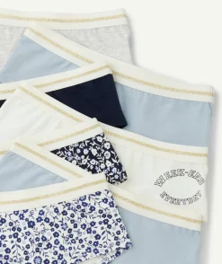 Lot de 7 shorties fille en coton bio bleu blanc et imprimé à fleurs