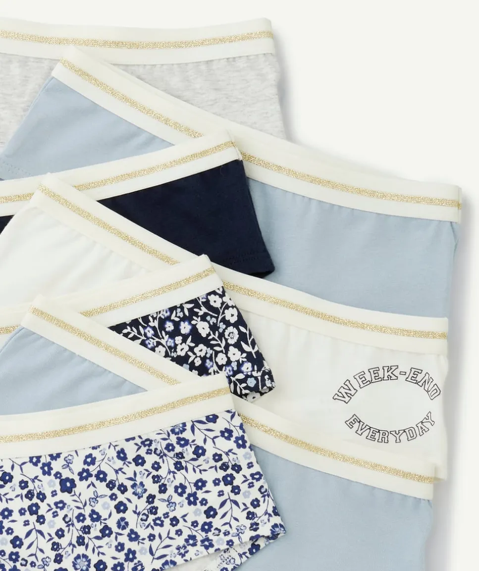 Lot de 7 shorties fille en coton bio bleu blanc et imprimé à fleurs