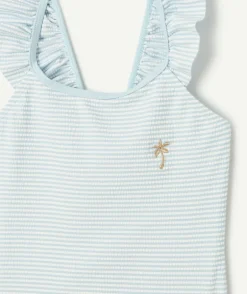 Maillot de bain fille rayé bleu volanté