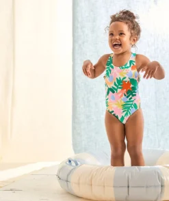 Maillot de bain 1 pièce bébé fille en fibres recyclées imprimé tropical