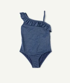Maillot de bain 1 pièce fille bleu pailleté à volants